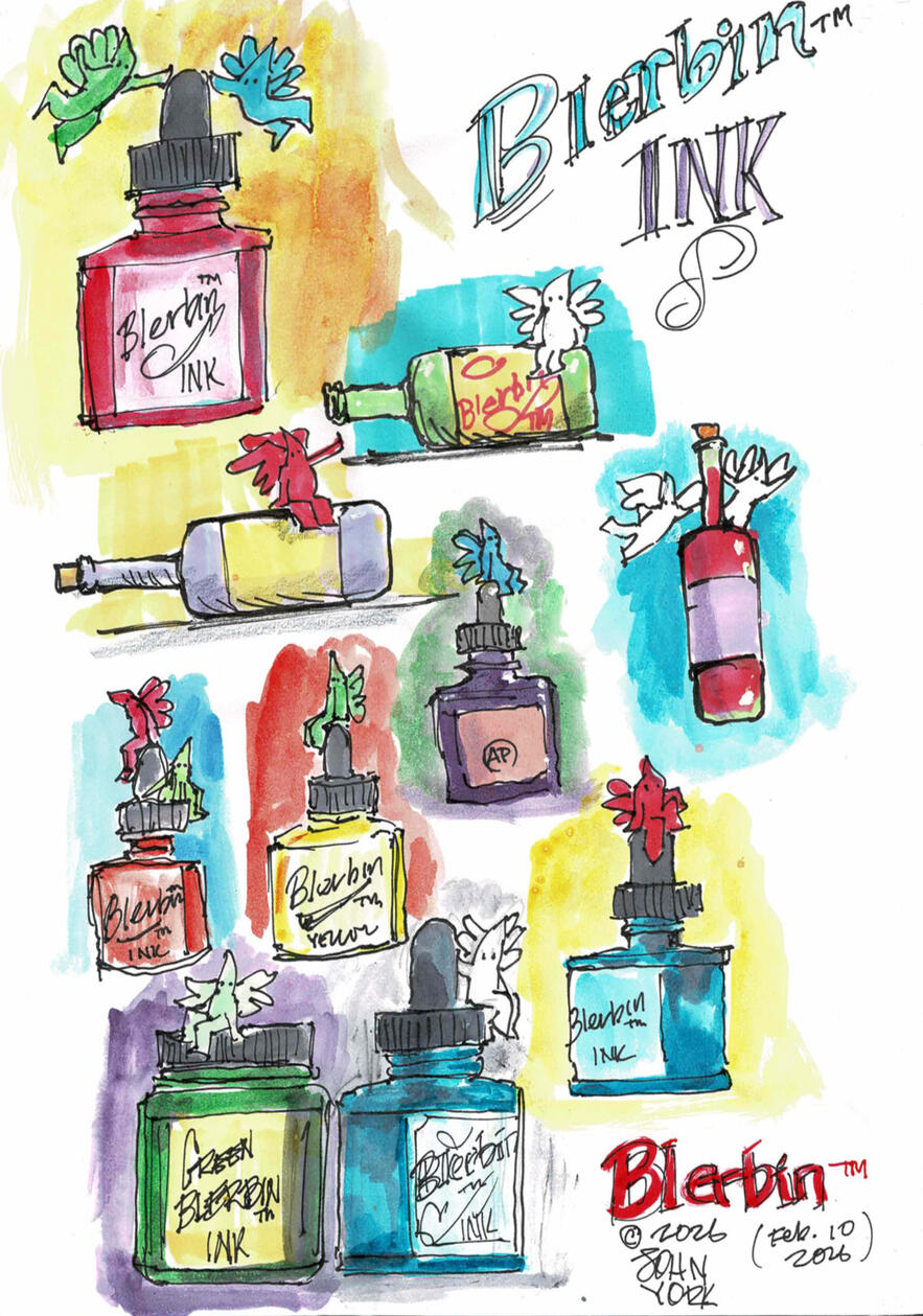 Blerbin Ink several little colorful Blerbins on colorful ink bottles by John Randall York Copyright 1972-2026