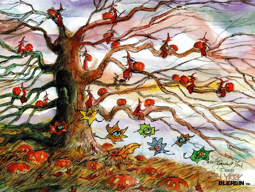 Red Witch Blerbin Tree by John Randall York copyright 2013-2026 A covey of leaf Blerbins visit the Red Witch Tree Red Witch Blerbin Tree by John Randall York copyright 2013-2026 A covey of leaf Blerbins visit the Red Witch Tree