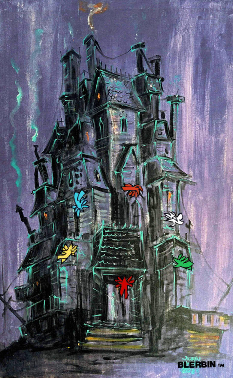 Berbins and a Haunted House copyright 1972-2026 by JOhn Randall York colorful Blerbins hover at a spooky old mansion Berbins and a Haunted House copyright 1972-2026 by JOhn Randall York colorful Blerbins hover at a spooky old mansion