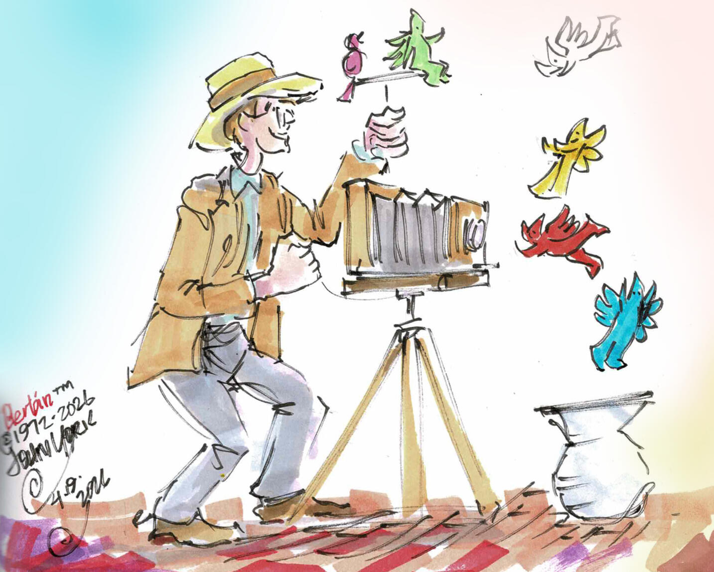 Photographing Blerbins John Randall York York Copyright 1972-2026 An old time photographer takes a picture of some Blerbins with his wooden camera.